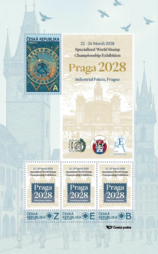 Personalised stamp sheet issued for PRAGA 2028 with the Prague astronomical clock